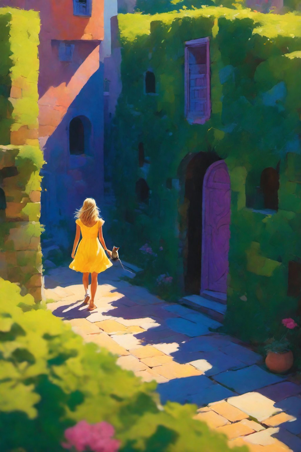 aerial view, A curious young girl, dressed in a bright yellow sundress, walks with her feline companion through a whimsical stone maze. The warm sunlight casts dappled shadows on the intricate pathways, while the cat's tail twitches with excitement as it leads the way.,aw0k cat,Colourful cat 