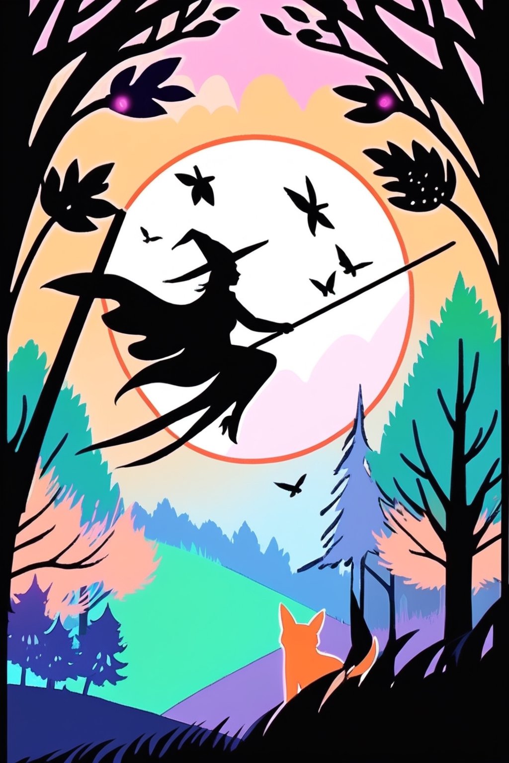 A young witch gracefully soaring through a mystical forest on her enchanted broomstick, wearing a flowing black cloak, pointed hat, and holding a sparkling wand, surrounded by colorful autumn leaves and whimsical creatures, the forest filled with vibrant shades of green, orange, and purple, a full moon shining brightly overhead, emphasizing the witch’s silhouette against the moonlit sky, in a style similar to classic fairytale illustrations