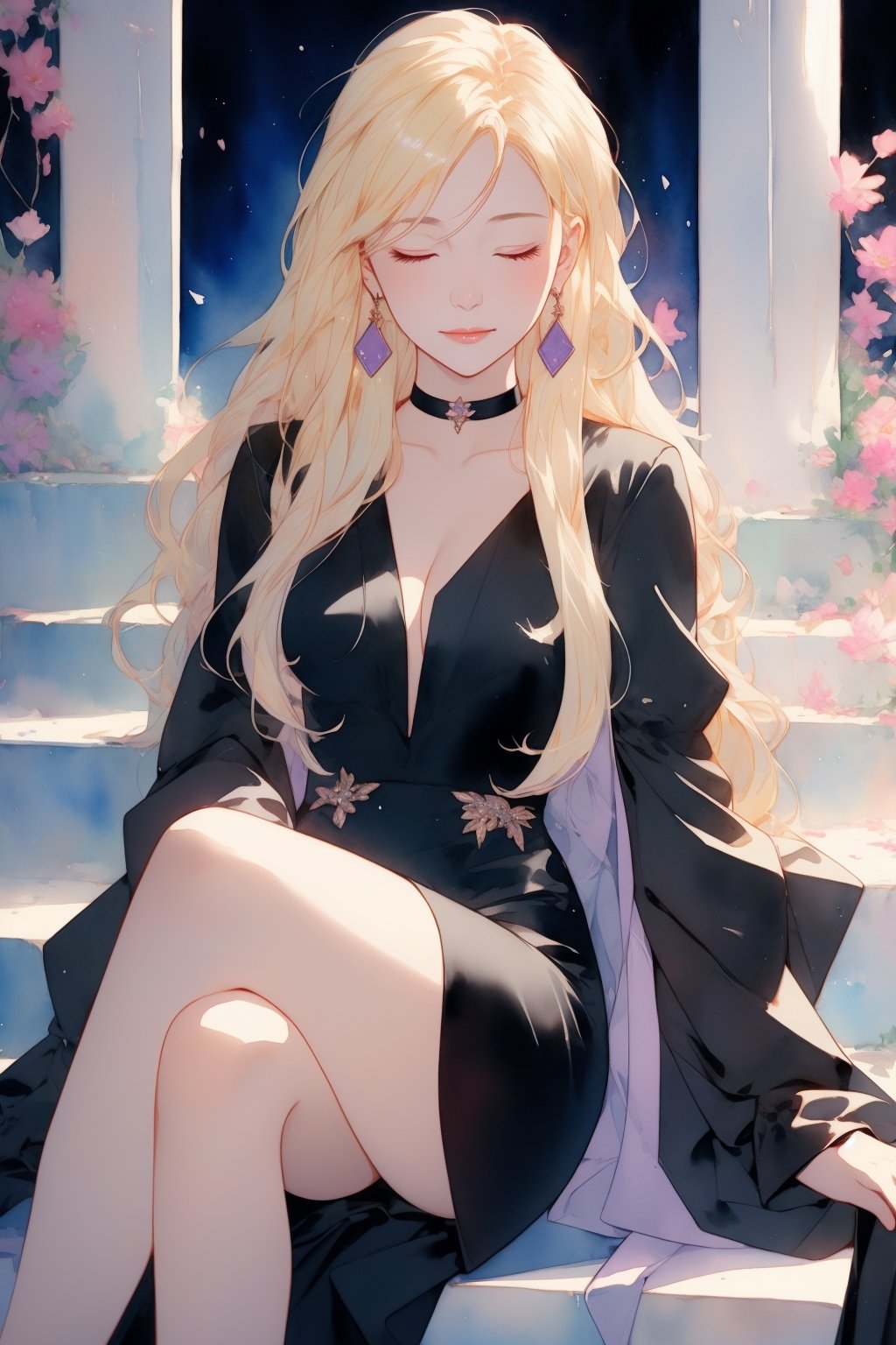 1girl, long hair, looking at viewer, blonde hair, red eyes, long sleeves, 1boy, sitting, closed eyes, white hair, earrings, choker, black dress,  formal,  cover page, purple dress,DArt,watercolor,1 girl