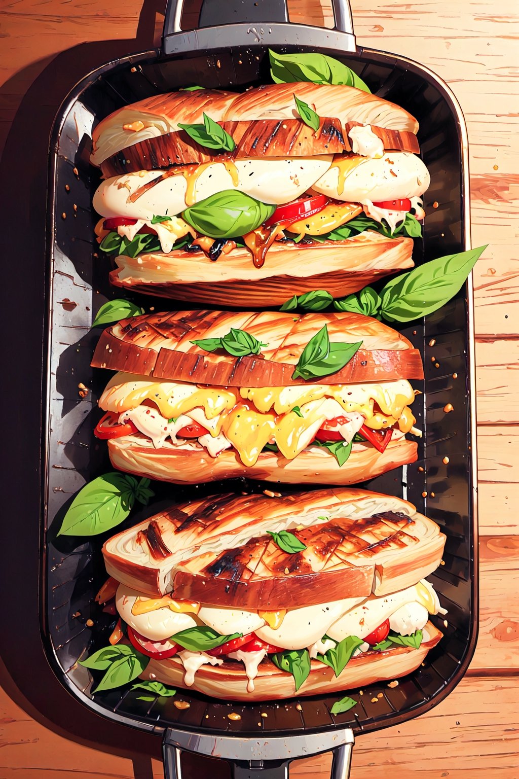 A tempting panini featuring layers of melted mozzarella and fragrant basil leaves. Crispy grill marks accentuate the golden-brown exterior, captured with a Sony Alpha a7 III to emphasize the savory goodness of this classic combination.