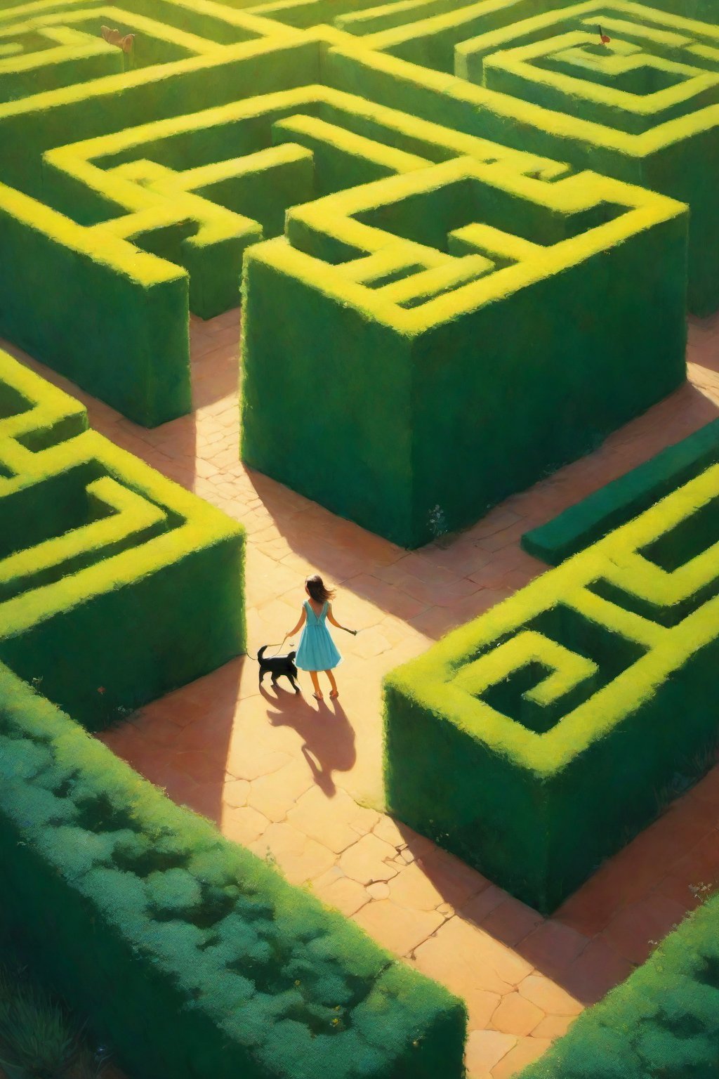 aerial view, A curious young girl, dressed in a bright yellow sundress, walks with her feline companion through a whimsical stone maze. The warm sunlight casts dappled shadows on the intricate pathways, while the cat's tail twitches with excitement as it leads the way.,aw0k cat,Colourful cat 