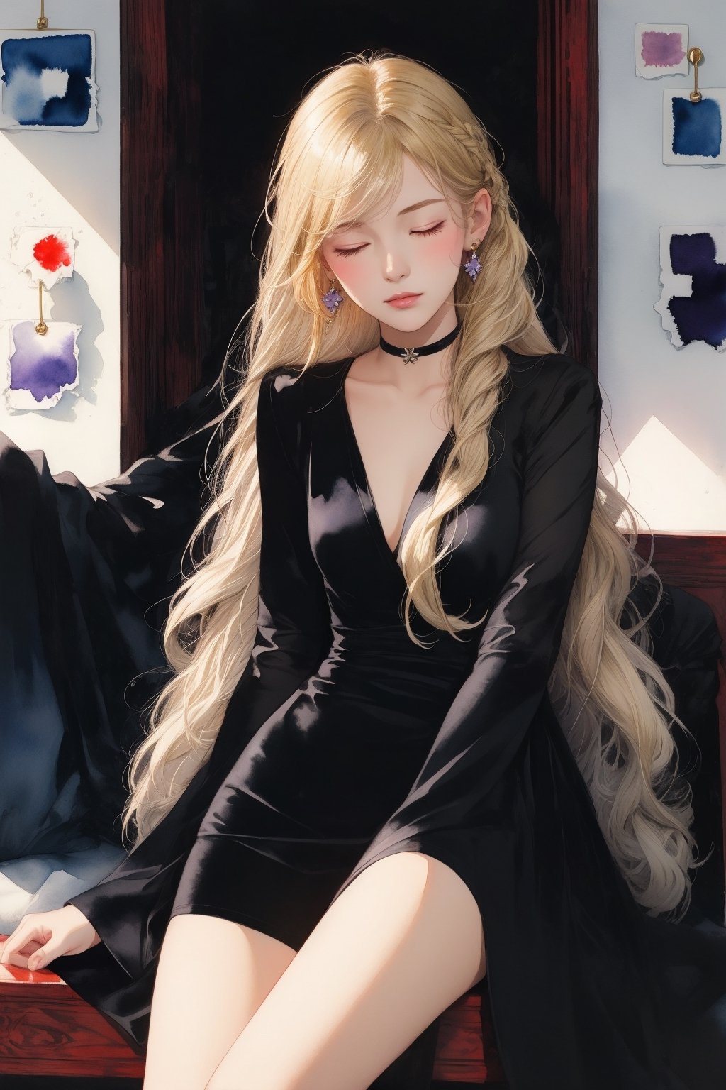 1girl, long hair, looking at viewer, blonde hair, red eyes, long sleeves, 1boy, sitting, closed eyes, white hair, earrings, choker, black dress,  formal,  cover page, purple dress,DArt,watercolor