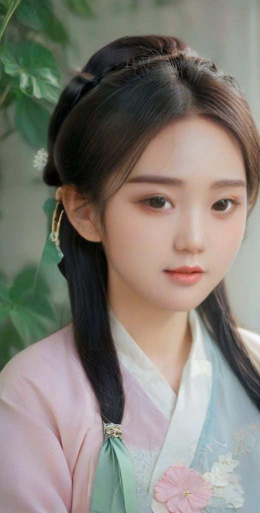 A 20-year-old Korean young lady in a traditional, elegant Hanbok, showcasing a more natural and realistic appearance. The Hanbok is in tasteful pastel colors, enhancing her subtle beauty. This image aims to capture a high level of realism, akin to a photograph taken with a Hasselblad camera. It includes fine details such as distinct pores on her forehead and cheeks, a small scar on her chin from a childhood accident, and a slightly asymmetrical mouth and eyes. The overall look should be a harmonious blend of cultural elegance and realistic, individual characteristics.",JeeSoo ,yoona,cutegirlmix,Ivi