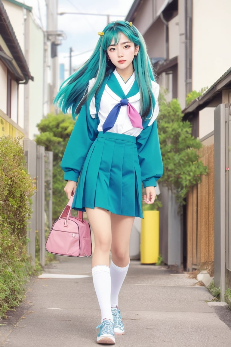 17-year-old Japanese female high school student in the 1990s , brown eyes , smiling , nice body,
masterpiece, best quality, ultra-detailed,1girl,outdoor,photorealistic,8k wallpaper, (extremely detailed, 8k, UHD),((Long blue-green hair)), perfect anatomy, oni horns,full-body shot, Japanese high school student handbag, fly in the sky,Japanese high school girls' sailor uniforms in the 1990s