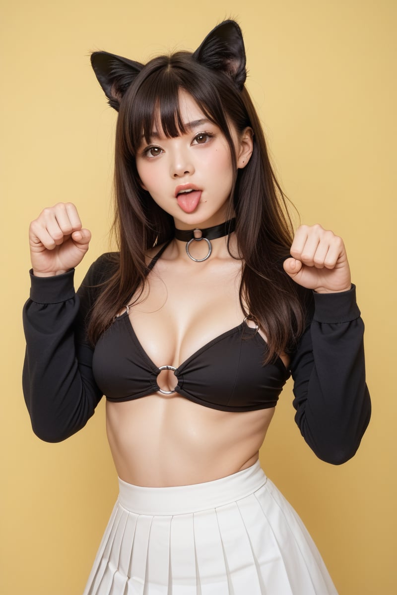 score_9,score_8_up,score_7_up, 20 years old, 8k, hd, beautiful girl,1girl, animal ears, bangs, black choker, bikini, o-ring, choker, yellow background, brown eyes, paw pose, long hair, long sleeves, looking at viewer, pleated skirt, realistic, skirt, solo, standing, white skirt, (fuller lips:0.8), beauty mark,half body, tongue out,