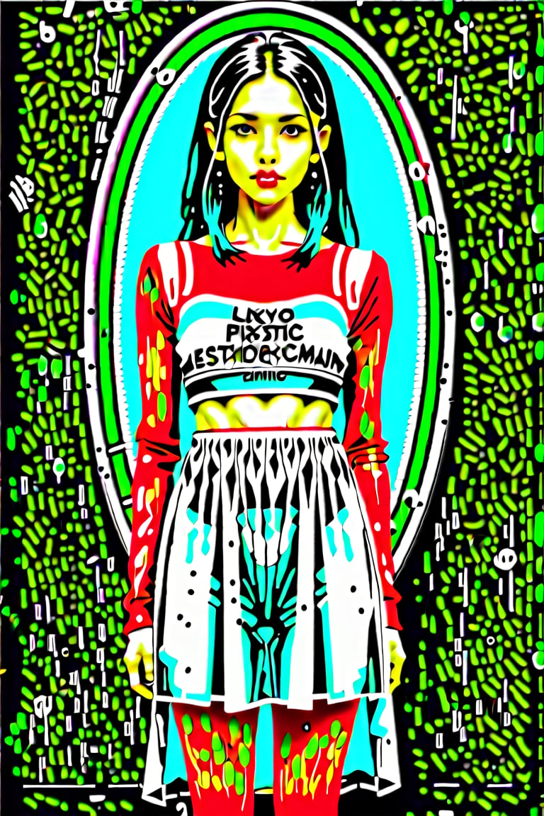 transparent color PVC clothing, transparent color vinyl clothing, prismatic, holographic, chromatic aberration, fashion illustration, masterpiece, girl with harajuku fashion, looking at viewer, 8k, ultra detailed, pixiv