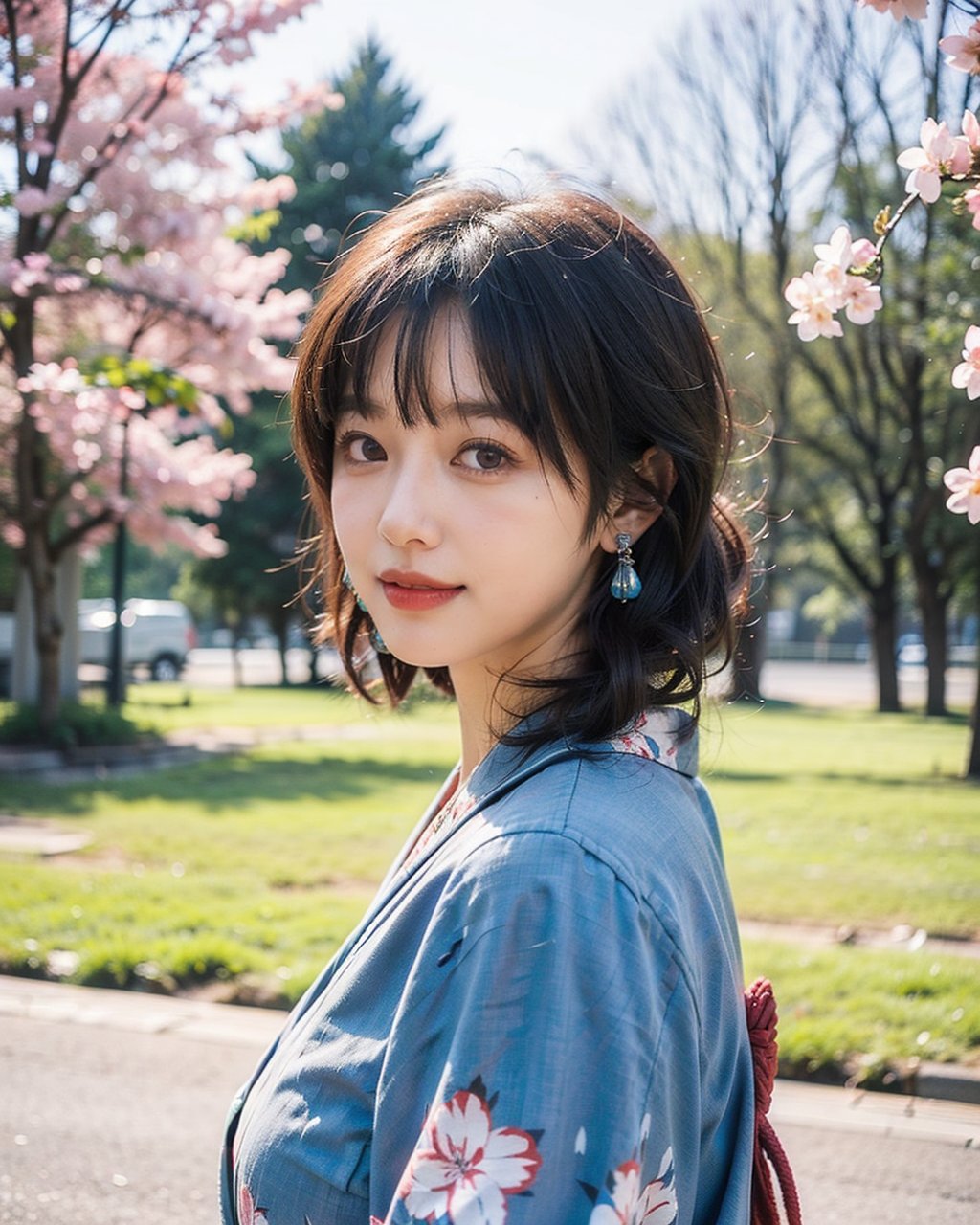 A serene Japanese maiden stands alone against a blurry backdrop of blooming cherry blossom trees. She gazes directly at the viewer with a gentle smile, her parted bangs framing her heart-shaped face. Her black hair cascades down her back, adorned with intricate hair ornaments and hair rings. Red eyes sparkle beneath luscious eyelashes, and her lips curve upward in a subtle grin. A floral print kimono drapes across her upper body, its vibrant colors muted by the soft focus of the background. Delicate earrings and a tassel dangle from her ears as she wears a bow-adorned hairstyle. The camera's shallow depth of field blurs everything except for our subject, emphasizing her captivating presence.