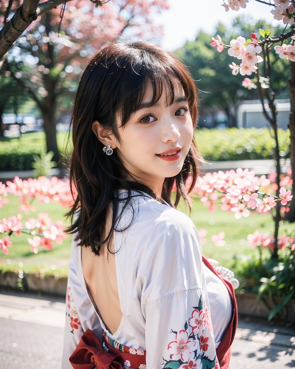 A serene Japanese maiden stands alone against a blurry backdrop of blooming cherry blossom trees. She gazes directly at the viewer with a gentle smile, her parted bangs framing her heart-shaped face. Her black hair cascades down her back, adorned with intricate hair ornaments and hair rings. Red eyes sparkle beneath luscious eyelashes, and her lips curve upward in a subtle grin. A floral print kimono drapes across her upper body, its vibrant colors muted by the soft focus of the background. Delicate earrings and a tassel dangle from her ears as she wears a bow-adorned hairstyle. The camera's shallow depth of field blurs everything except for our subject, emphasizing her captivating presence.