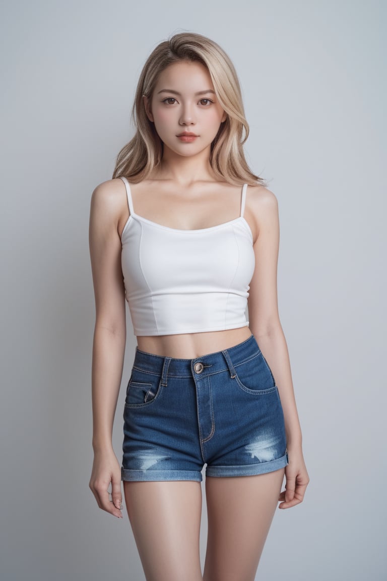 Score_9, Score_8_up, Score_7_up, reality, realistic, photorealistic, 2K, 
1girl,solo, brown eyes, blonde hair, multicolored hair, long hair, medium breasts, white **** top, bare shoulders, collarbone, sleeveless, blue denim shorts, standing,