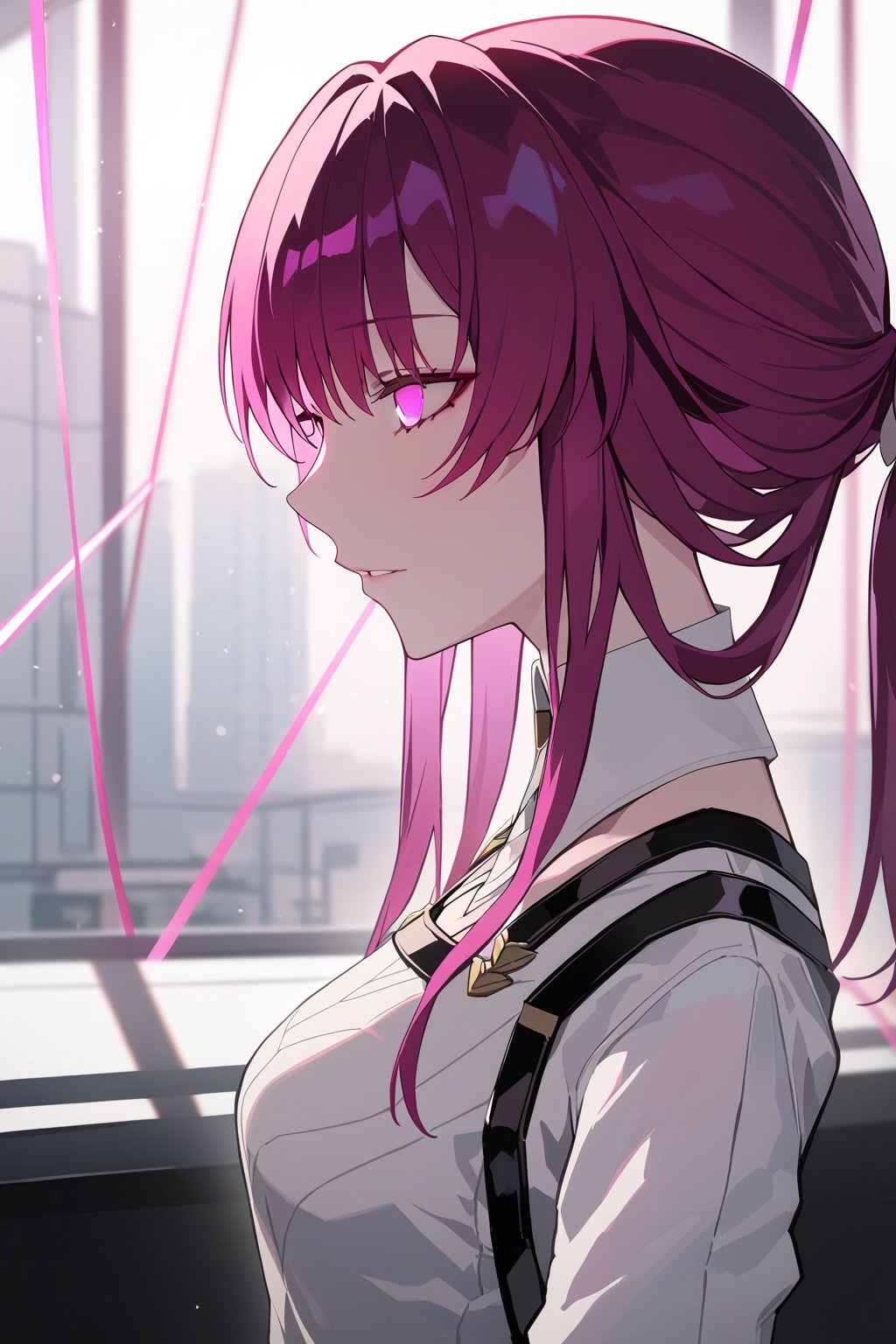 masterpiece, best quality,  1girl, kafka, honkai: star rail, purple hair, solo,  purple eyes, ponytail, profile, depth_of_field, glowing