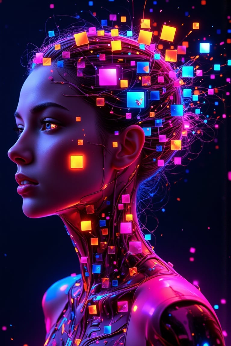 A vivid neon explosion of glowing squares, geometric patterns and sharp lines that form the portrait of a cybernetic woman, visually striking and dynamic, dark background, sharp focus, crisp quality, HD, DOF, 4k, intricate detail, dynamic composition, Cinematic style, Abstract Lighting Effects