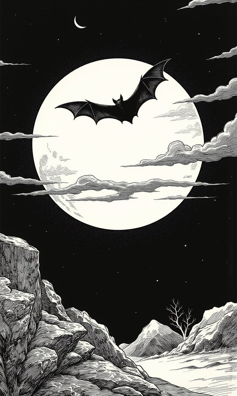 monochrome black and white ink style drawing of a black featureless silhouette of a flying bat against a giant full moon rising in a dark sky, masterpiece artwork, intricate detail, dynamic composition,CharlesDG