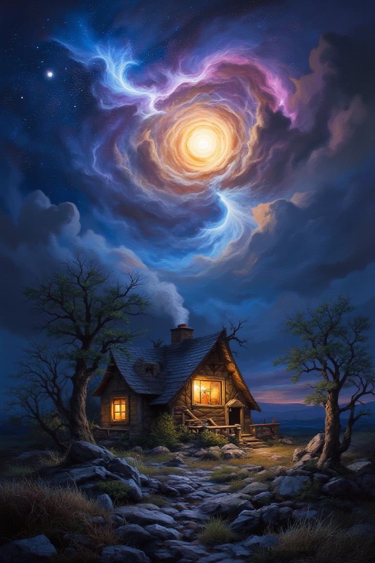 a cozy cottage sits surrounded by a desolate wilderness, there is a warm glow in the windows and whispy smoke rises from the chimney, a supernova blazes in the sky above, dark cosmic background, masterpiece artwork, dynamic composition, beautiful lighting, sharp focus, crisp quality, intricate detail, DonM3l3m3nt4lFX