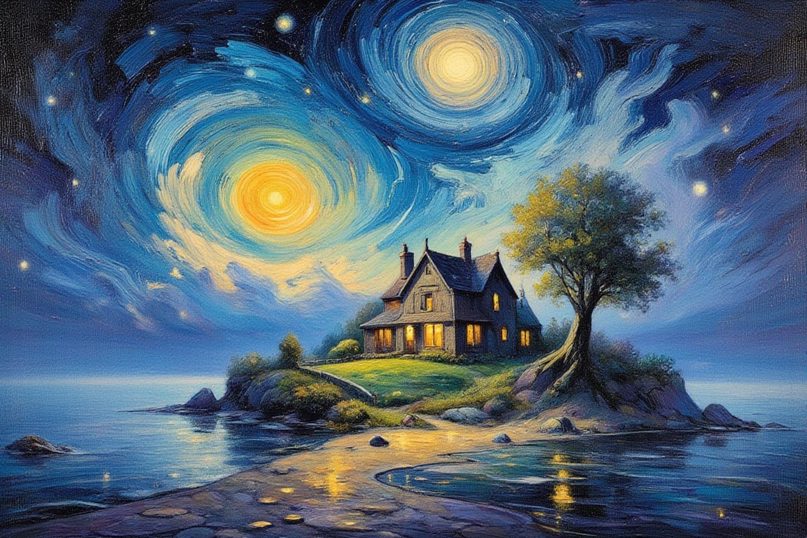 (impressionist painting:1.3), a cozy tudor cottage stands on a tiny island in the middle of the placid sea, there is a warm glow in the windows and an old tree envelopes the home, a dazzling meteor shower lights up the sky above, visible brushstrokes, masterpiece artwork, dynamic composition, beautiful lighting