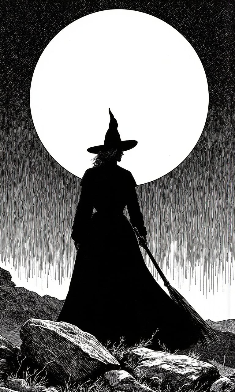 monochrome black and white ink style drawing of a black featureless silhouette of a witch against a giant full moon rising in a dark sky, masterpiece artwork, intricate detail, dynamic composition,CharlesDG