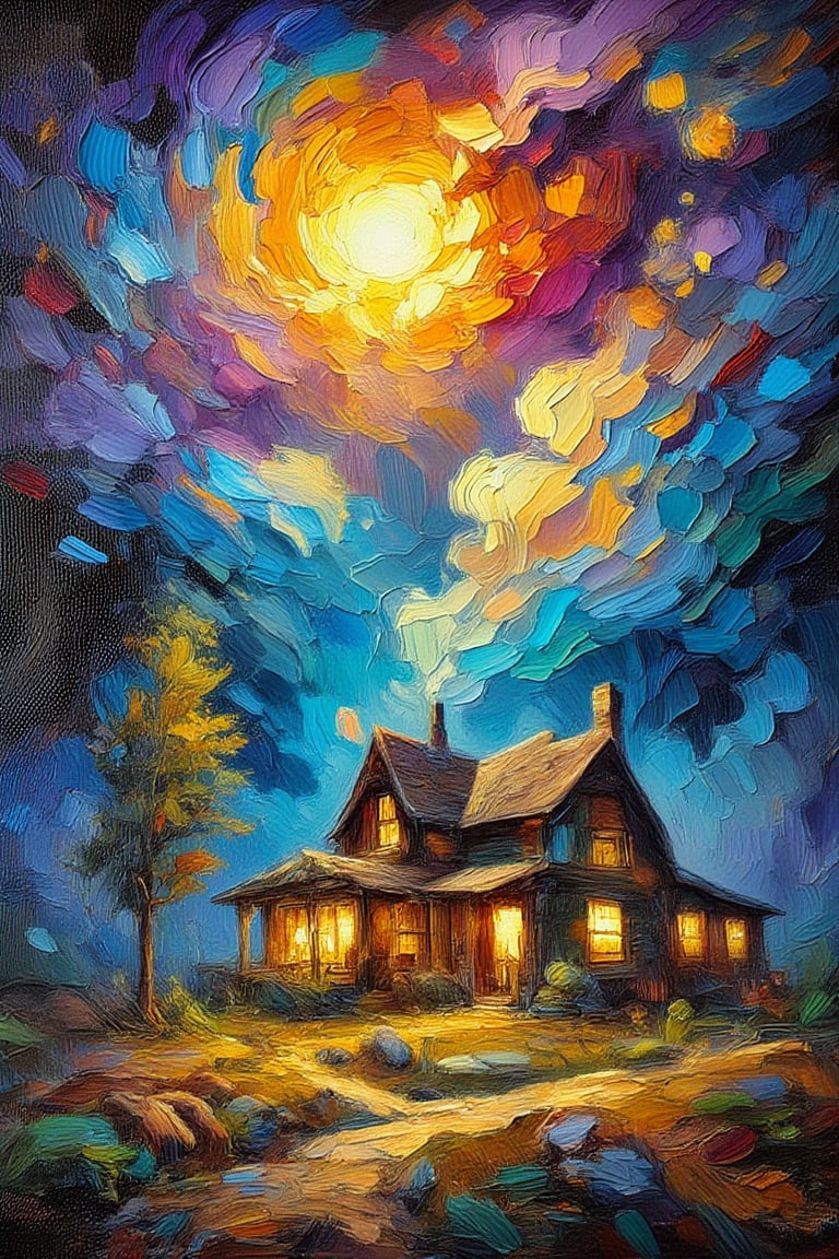 (impressionist painting:1.3), a cozy cottage sits surrounded by a desolate wilderness, there is a warm glow in the windows and whispy smoke rises from the chimney, a supernova blazes in the sky above, dark cosmic background, visible brushstrokes, masterpiece artwork, dynamic composition, beautiful lighting