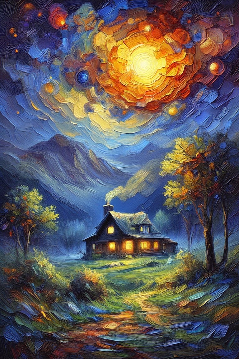 (impressionist painting:1.3), a cozy cottage sits surrounded by a desolate wilderness, there is a warm glow in the windows and whispy smoke rises from the chimney, a supernova blazes in the sky above, dark cosmic background, visible brushstrokes, masterpiece artwork, dynamic composition, beautiful lighting