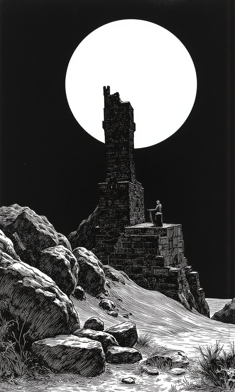 monochrome black and white ink style drawing of a black featureless silhouette of a crooked medieval stone tower against a giant full moon rising in a dark sky, masterpiece artwork, intricate detail, dynamic composition,CharlesDG