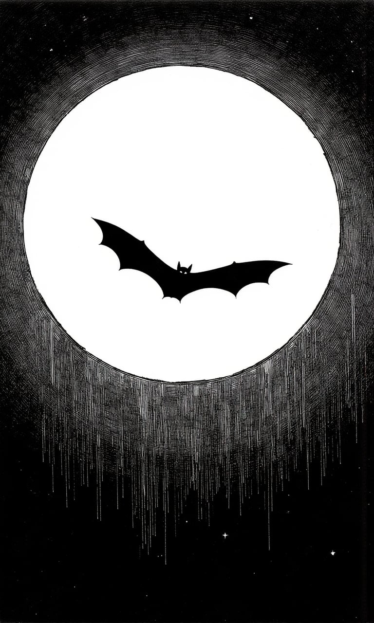 monochrome black and white ink style drawing of a black featureless silhouette of a flying bat against a giant full moon rising in a dark sky, masterpiece artwork, intricate detail, dynamic composition,CharlesDG