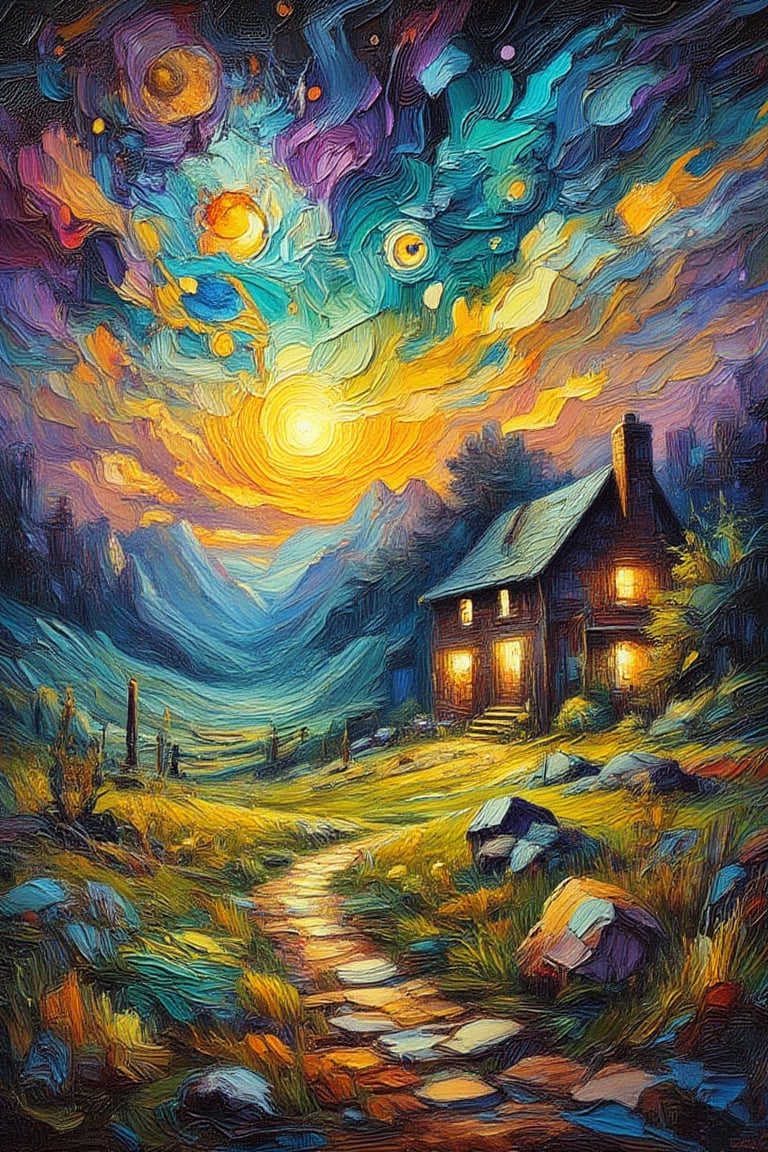 (impressionist painting:1.3), a cozy cottage sits surrounded by a desolate wilderness, there is a warm glow in the windows and whispy smoke rises from the chimney, a supernova blazes in the sky above, dark cosmic background, visible brushstrokes, masterpiece artwork, dynamic composition, beautiful lighting