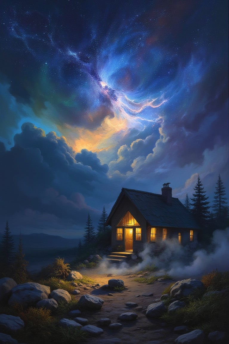 a cozy cottage sits surrounded by a desolate wilderness, there is a warm glow in the windows and whispy smoke rises from the chimney, a supernova blazes in the sky above, dark cosmic background, masterpiece artwork, dynamic composition, beautiful lighting, sharp focus, crisp quality, intricate detail, DonM3l3m3nt4lFX