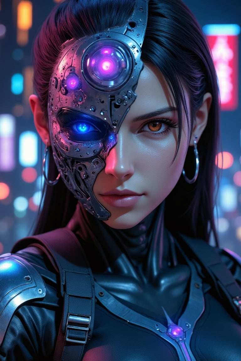 exact tifa lockhart face,  realistic face of tifa lockhart,  A futuristic close-up of a woman in a sleek suit by Bizbiz on...