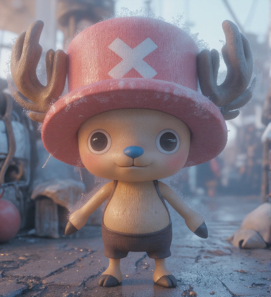 
((realistic style))


(chopper)A small, anthropomorphic reindeer standing on two legs, with light brown fur, a round blue nose, and expressive eyes. Wearing a pink hat with a white X, with small antlers poking through the top. His large eyes are filled with innocence, with soft, detailed fur and subtle light reflections on each hair. Short limbs and a gentle smile convey a sense of purity and kindness
Detailed fur texture that is soft and fluffy, with subtle light reflections on each strand, and slight shine on the fur tips, making it look realistic. The skin has a soft, textured feel with tiny pores, creating a lifelike skin texture for the character
The pink hat has fabric texture with slight wear and fine creases, giving it a sense of history as if it has been through many adventures. The antlers have a realistic texture, with tiny cracks and a natural sheen, enhancing the feeling of real material
Soft natural light coming from the side, creating layered shadows, with light penetrating the fur, adding depth and realism. The background is set on a pirate ship deck, showing wood with cracks and weathered marks, with tiny dust and scratches for added realism. The sea in the distance sparkles with gentle light reflections, giving the background a lived-in feel
A slight breeze stirs Chopper's fur, adding a natural, dynamic effect, making the character appear more lifelike
Ultra quality,Vivid,Denoise,Texture,Extreme quality,Ultra HD,4K.,4x upscale,UHD,Shruti denoise