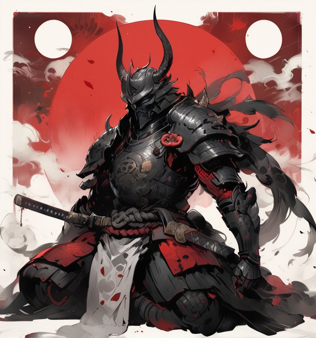 darth vader, weapon, armor,  japanese armor, helmet,  samurai, shoulder armor, moon, sheath, horns, gauntlets, sheathed, mask, standing, kusazuri, kabuto \(helmet\), pauldrons, death star, full armor, fake horns, (sitting, indian style:1.2), masterpiece, best quality, aesthetic, chinese ink painting, 