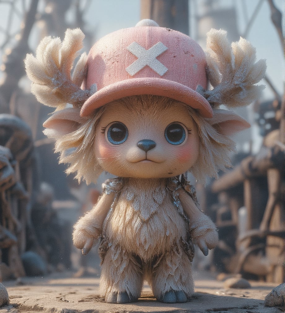 
((realistic style))


(chopper)A small, anthropomorphic reindeer standing on two legs, with light brown fur, a round blue nose, and expressive eyes. Wearing a pink hat with a white X, with small antlers poking through the top. His large eyes are filled with innocence, with soft, detailed fur and subtle light reflections on each hair. Short limbs and a gentle smile convey a sense of purity and kindness
Detailed fur texture that is soft and fluffy, with subtle light reflections on each strand, and slight shine on the fur tips, making it look realistic. The skin has a soft, textured feel with tiny pores, creating a lifelike skin texture for the character
The pink hat has fabric texture with slight wear and fine creases, giving it a sense of history as if it has been through many adventures. The antlers have a realistic texture, with tiny cracks and a natural sheen, enhancing the feeling of real material
Soft natural light coming from the side, creating layered shadows, with light penetrating the fur, adding depth and realism. The background is set on a pirate ship deck, showing wood with cracks and weathered marks, with tiny dust and scratches for added realism. The sea in the distance sparkles with gentle light reflections, giving the background a lived-in feel
A slight breeze stirs Chopper's fur, adding a natural, dynamic effect, making the character appear more lifelike
Ultra quality,Vivid,Denoise,Texture,Extreme quality,Ultra HD,4K.,4x upscale,UHD,Shruti denoise