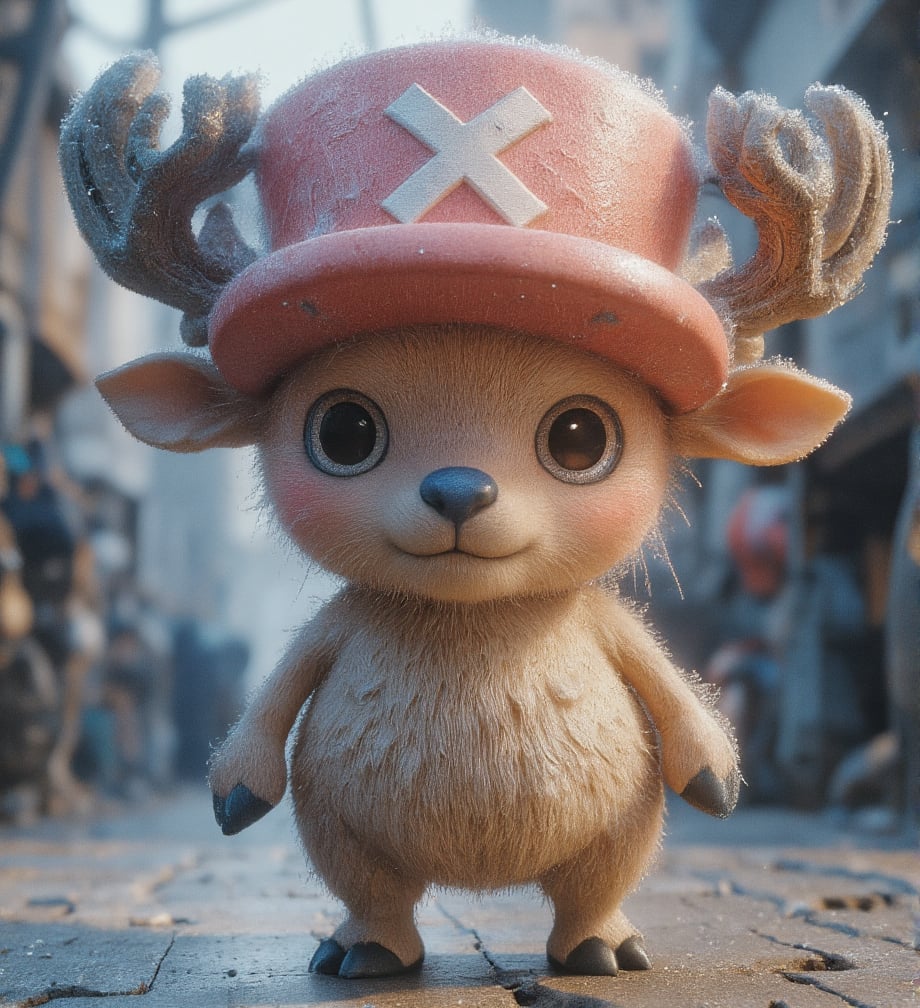 
((realistic style))


(chopper)A small, anthropomorphic reindeer standing on two legs, with light brown fur, a round blue nose, and expressive eyes. Wearing a pink hat with a white X, with small antlers poking through the top. His large eyes are filled with innocence, with soft, detailed fur and subtle light reflections on each hair. Short limbs and a gentle smile convey a sense of purity and kindness
Detailed fur texture that is soft and fluffy, with subtle light reflections on each strand, and slight shine on the fur tips, making it look realistic. The skin has a soft, textured feel with tiny pores, creating a lifelike skin texture for the character
The pink hat has fabric texture with slight wear and fine creases, giving it a sense of history as if it has been through many adventures. The antlers have a realistic texture, with tiny cracks and a natural sheen, enhancing the feeling of real material
Soft natural light coming from the side, creating layered shadows, with light penetrating the fur, adding depth and realism. The background is set on a pirate ship deck, showing wood with cracks and weathered marks, with tiny dust and scratches for added realism. The sea in the distance sparkles with gentle light reflections, giving the background a lived-in feel
A slight breeze stirs Chopper's fur, adding a natural, dynamic effect, making the character appear more lifelike
Ultra quality,Vivid,Denoise,Texture,Extreme quality,Ultra HD,4K.,4x upscale,UHD,Shruti denoise