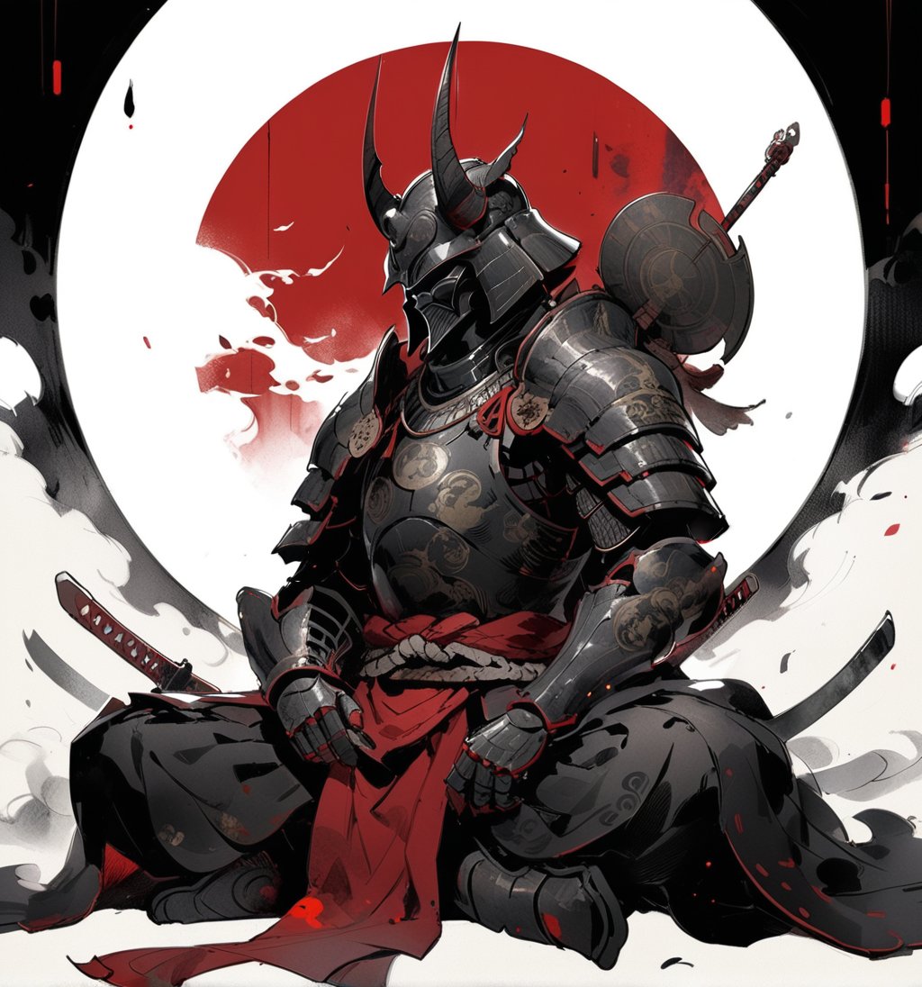 darth vader, weapon, armor,  japanese armor, helmet,  samurai, shoulder armor, moon, sheath, horns, gauntlets, sheathed, mask, standing, kusazuri, kabuto \(helmet\), pauldrons, death star, full armor, fake horns, (sitting, indian style:1.2), masterpiece, best quality, aesthetic, chinese ink painting, 