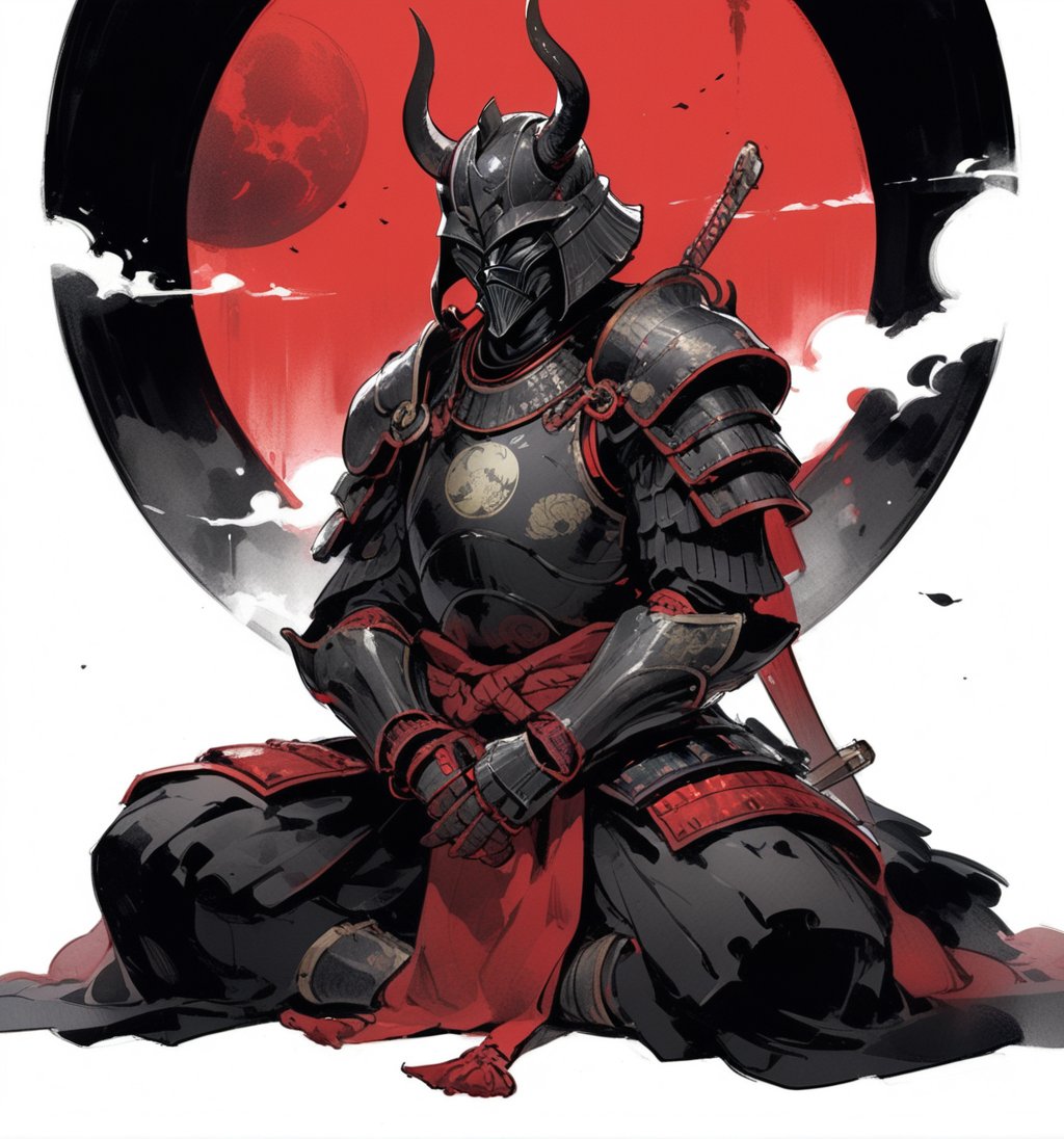 darth vader, weapon, armor,  japanese armor, helmet,  samurai, shoulder armor, moon, sheath, horns, gauntlets, sheathed, mask, standing, kusazuri, kabuto \(helmet\), pauldrons, death star, full armor, fake horns, (sitting, indian style:1.2), masterpiece, best quality, aesthetic, chinese ink painting, 