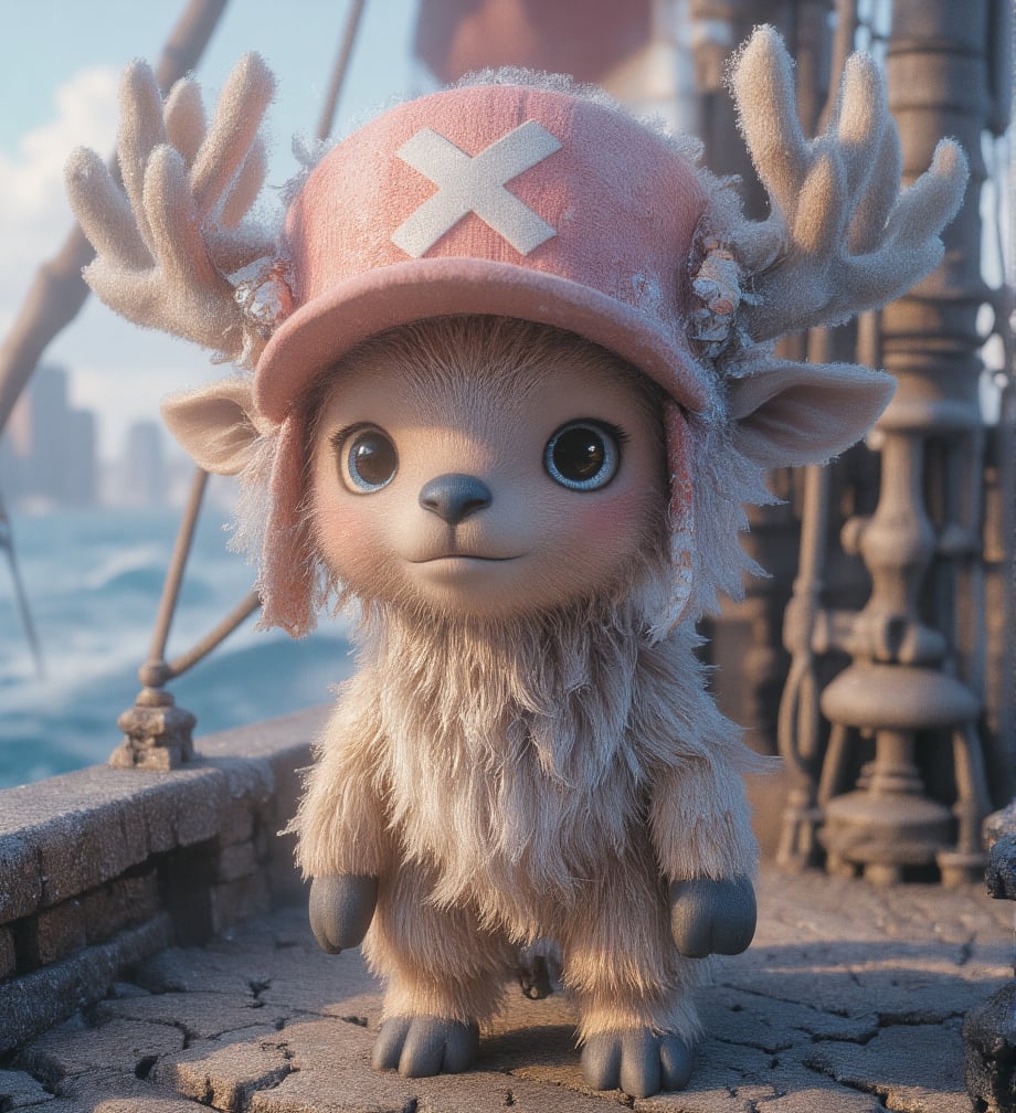 
((realistic style))


(chopper)A small, anthropomorphic reindeer standing on two legs, with light brown fur, a round blue nose, and expressive eyes. Wearing a pink hat with a white X, with small antlers poking through the top. His large eyes are filled with innocence, with soft, detailed fur and subtle light reflections on each hair. Short limbs and a gentle smile convey a sense of purity and kindness
Detailed fur texture that is soft and fluffy, with subtle light reflections on each strand, and slight shine on the fur tips, making it look realistic. The skin has a soft, textured feel with tiny pores, creating a lifelike skin texture for the character
The pink hat has fabric texture with slight wear and fine creases, giving it a sense of history as if it has been through many adventures. The antlers have a realistic texture, with tiny cracks and a natural sheen, enhancing the feeling of real material
Soft natural light coming from the side, creating layered shadows, with light penetrating the fur, adding depth and realism. The background is set on a pirate ship deck, showing wood with cracks and weathered marks, with tiny dust and scratches for added realism. The sea in the distance sparkles with gentle light reflections, giving the background a lived-in feel
A slight breeze stirs Chopper's fur, adding a natural, dynamic effect, making the character appear more lifelike
Ultra quality,Vivid,Denoise,Texture,Extreme quality,Ultra HD,4K.,4x upscale,UHD,Shruti denoise