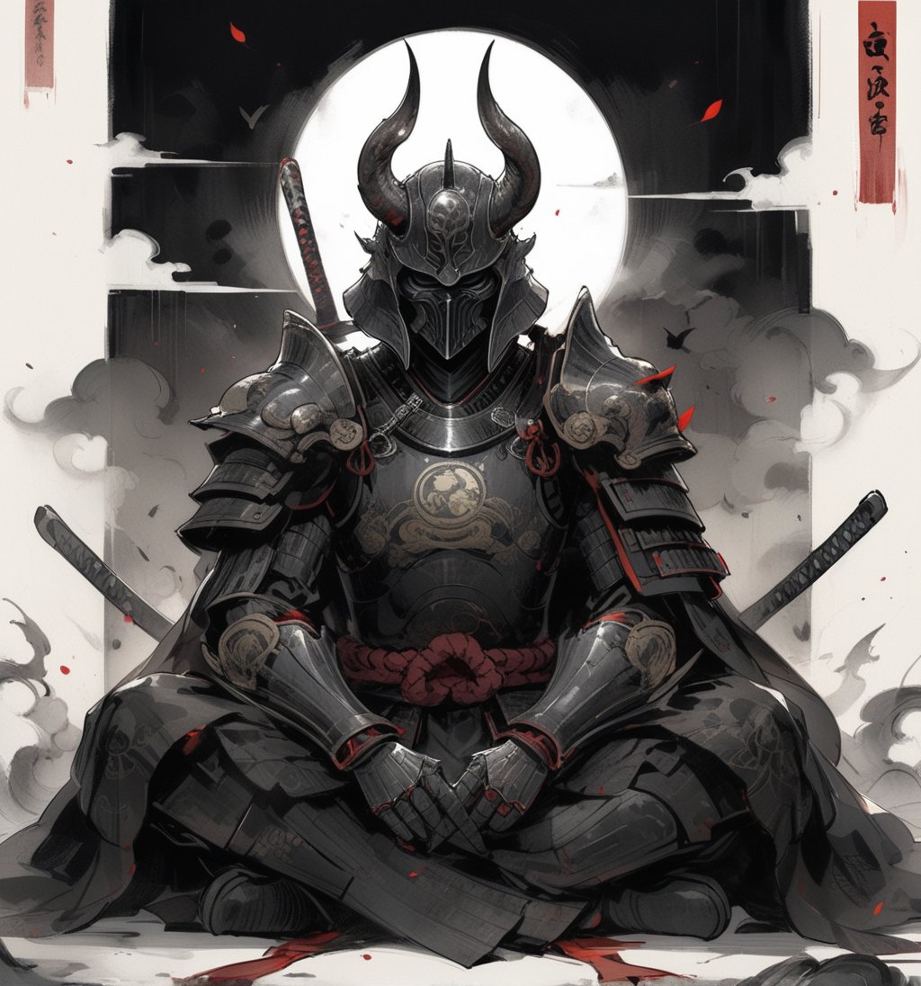 darth vader, weapon, armor,  japanese armor, helmet,  samurai, shoulder armor, moon, sheath, horns, gauntlets, sheathed, mask, standing, kusazuri, kabuto \(helmet\), pauldrons, death star, full armor, fake horns, (sitting, indian style:1.2), masterpiece, best quality, aesthetic, chinese ink painting, 