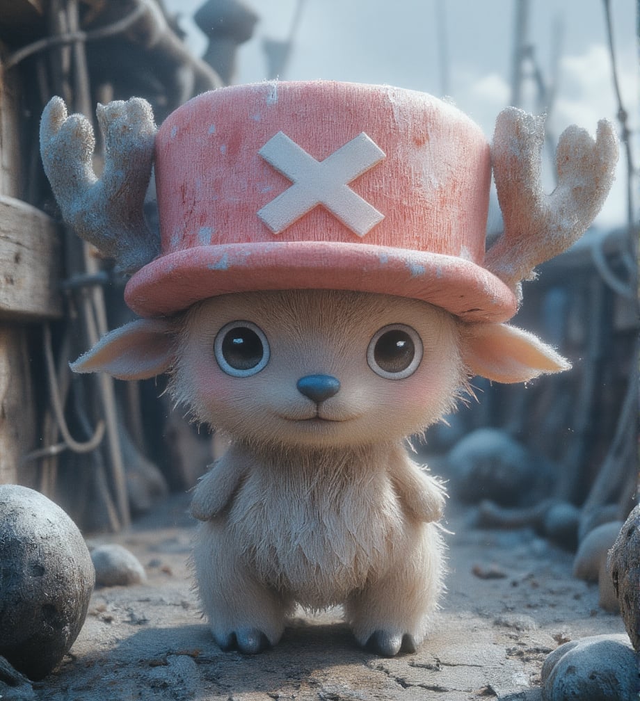 
((realistic style))


(chopper)A small, anthropomorphic reindeer standing on two legs, with light brown fur, a round blue nose, and expressive eyes. Wearing a pink hat with a white X, with small antlers poking through the top. His large eyes are filled with innocence, with soft, detailed fur and subtle light reflections on each hair. Short limbs and a gentle smile convey a sense of purity and kindness
Detailed fur texture that is soft and fluffy, with subtle light reflections on each strand, and slight shine on the fur tips, making it look realistic. The skin has a soft, textured feel with tiny pores, creating a lifelike skin texture for the character
The pink hat has fabric texture with slight wear and fine creases, giving it a sense of history as if it has been through many adventures. The antlers have a realistic texture, with tiny cracks and a natural sheen, enhancing the feeling of real material
Soft natural light coming from the side, creating layered shadows, with light penetrating the fur, adding depth and realism. The background is set on a pirate ship deck, showing wood with cracks and weathered marks, with tiny dust and scratches for added realism. The sea in the distance sparkles with gentle light reflections, giving the background a lived-in feel
A slight breeze stirs Chopper's fur, adding a natural, dynamic effect, making the character appear more lifelike
Ultra quality,Vivid,Denoise,Texture,Extreme quality,Ultra HD,4K.,4x upscale,UHD,Shruti denoise