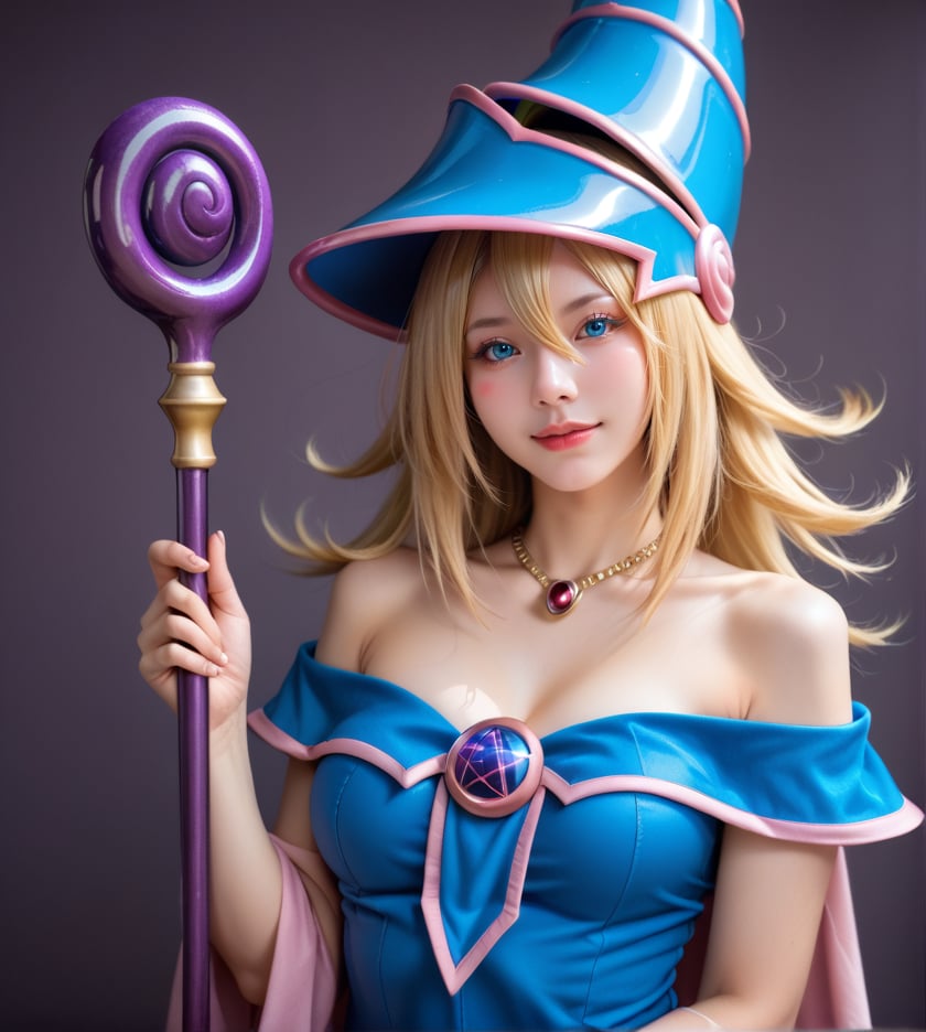 
A hyper-realistic depiction of a woman with flowing golden blonde hair, bright blue eyes, and lifelike skin texture with natural pores. She wears a tight blue and purple sorceress outfit with gold and pink details, a pointed hat with a spiral design, and holds a magical staff adorned with gold and purple gemstones. Surrounded by a soft pink-purple magical aura and set against a dark purple sky with ancient runes on the base. Her expression is confident with a playful smile, and the style captures high-definition realism in every detail,dark_magician_girl,score_9, score_8_up, score_7_up,source_real,real skin, BREAK Dark Magician Girl.