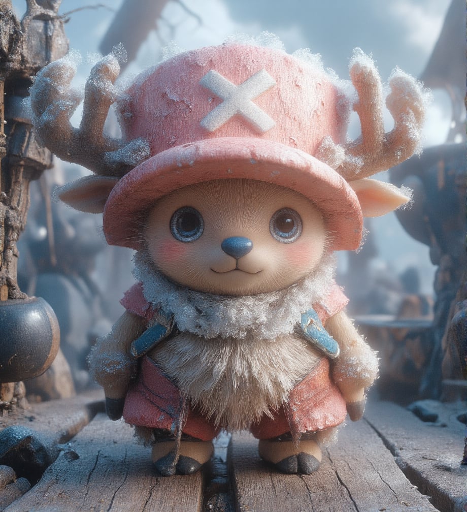 
((realistic style))


(chopper)A small, anthropomorphic reindeer standing on two legs, with light brown fur, a round blue nose, and expressive eyes. Wearing a pink hat with a white X, with small antlers poking through the top. His large eyes are filled with innocence, with soft, detailed fur and subtle light reflections on each hair. Short limbs and a gentle smile convey a sense of purity and kindness
Detailed fur texture that is soft and fluffy, with subtle light reflections on each strand, and slight shine on the fur tips, making it look realistic. The skin has a soft, textured feel with tiny pores, creating a lifelike skin texture for the character
The pink hat has fabric texture with slight wear and fine creases, giving it a sense of history as if it has been through many adventures. The antlers have a realistic texture, with tiny cracks and a natural sheen, enhancing the feeling of real material
Soft natural light coming from the side, creating layered shadows, with light penetrating the fur, adding depth and realism. The background is set on a pirate ship deck, showing wood with cracks and weathered marks, with tiny dust and scratches for added realism. The sea in the distance sparkles with gentle light reflections, giving the background a lived-in feel
A slight breeze stirs Chopper's fur, adding a natural, dynamic effect, making the character appear more lifelike
Ultra quality,Vivid,Denoise,Texture,Extreme quality,Ultra HD,4K.,4x upscale,UHD,Shruti denoise