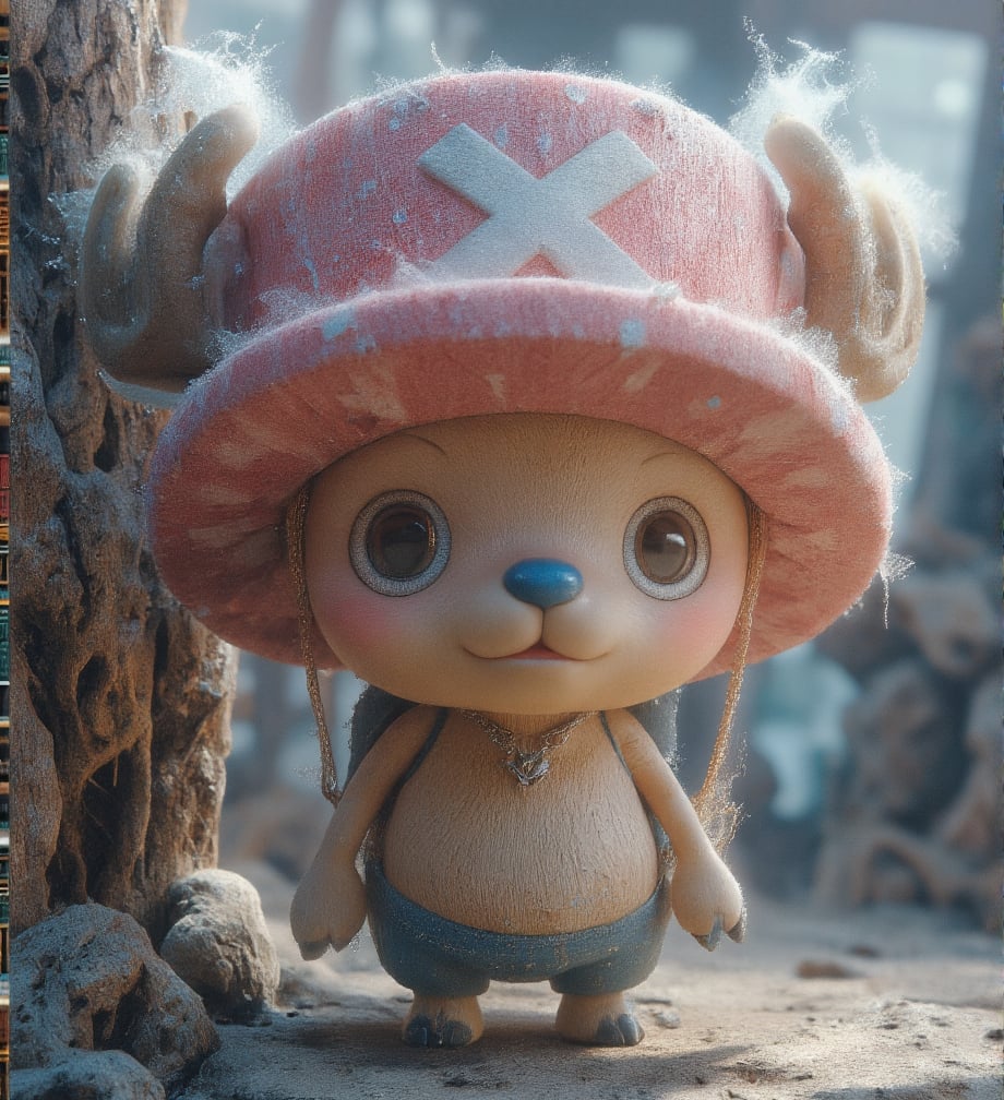 
((realistic style))


(chopper)A small, anthropomorphic reindeer standing on two legs, with light brown fur, a round blue nose, and expressive eyes. Wearing a pink hat with a white X, with small antlers poking through the top. His large eyes are filled with innocence, with soft, detailed fur and subtle light reflections on each hair. Short limbs and a gentle smile convey a sense of purity and kindness
Detailed fur texture that is soft and fluffy, with subtle light reflections on each strand, and slight shine on the fur tips, making it look realistic. The skin has a soft, textured feel with tiny pores, creating a lifelike skin texture for the character
The pink hat has fabric texture with slight wear and fine creases, giving it a sense of history as if it has been through many adventures. The antlers have a realistic texture, with tiny cracks and a natural sheen, enhancing the feeling of real material
Soft natural light coming from the side, creating layered shadows, with light penetrating the fur, adding depth and realism. The background is set on a pirate ship deck, showing wood with cracks and weathered marks, with tiny dust and scratches for added realism. The sea in the distance sparkles with gentle light reflections, giving the background a lived-in feel
A slight breeze stirs Chopper's fur, adding a natural, dynamic effect, making the character appear more lifelike
Ultra quality,Vivid,Denoise,Texture,Extreme quality,Ultra HD,4K.,4x upscale,UHD,Shruti denoise