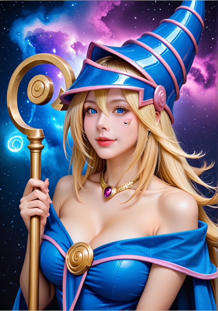 The background is a deep purple, mysterious sky that exudes a sense of tranquility, enhancing the character's magical aura. Stars are faintly visible, with a subtle mist swirling around, adding to the fantasy atmosphere
A hyper-realistic depiction of a woman with flowing golden blonde hair, bright blue eyes, and lifelike skin texture with natural pores. She wears a tight blue and purple sorceress outfit with gold and pink details, a pointed hat with a spiral design, and holds a magical staff adorned with gold and purple gemstones. Surrounded by a soft pink-purple magical aura and set against a dark purple sky with ancient runes on the base. Her expression is confident with a playful smile, and the style captures high-definition realism in every detail,dark_magician_girl,score_9, score_8_up, score_7_up,source_real,real skin, BREAK Dark Magician Girl.