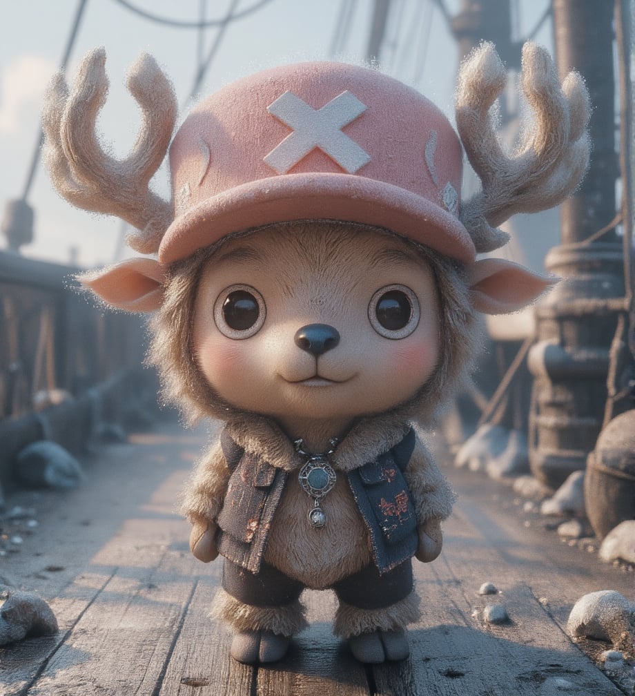 
((realistic style))


(chopper)A small, anthropomorphic reindeer standing on two legs, with light brown fur, a round blue nose, and expressive eyes. Wearing a pink hat with a white X, with small antlers poking through the top. His large eyes are filled with innocence, with soft, detailed fur and subtle light reflections on each hair. Short limbs and a gentle smile convey a sense of purity and kindness
Detailed fur texture that is soft and fluffy, with subtle light reflections on each strand, and slight shine on the fur tips, making it look realistic. The skin has a soft, textured feel with tiny pores, creating a lifelike skin texture for the character
The pink hat has fabric texture with slight wear and fine creases, giving it a sense of history as if it has been through many adventures. The antlers have a realistic texture, with tiny cracks and a natural sheen, enhancing the feeling of real material
Soft natural light coming from the side, creating layered shadows, with light penetrating the fur, adding depth and realism. The background is set on a pirate ship deck, showing wood with cracks and weathered marks, with tiny dust and scratches for added realism. The sea in the distance sparkles with gentle light reflections, giving the background a lived-in feel
A slight breeze stirs Chopper's fur, adding a natural, dynamic effect, making the character appear more lifelike
Ultra quality,Vivid,Denoise,Texture,Extreme quality,Ultra HD,4K.,4x upscale,UHD,Shruti denoise