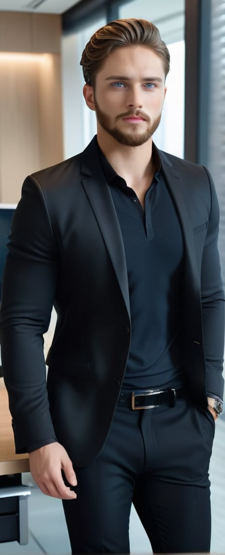 Master Piece, 25 yo Handsom man, athletic body shape, wearing black shirt, black jacket, black pant, light_brown_hair, small beard, ice blue eyes, corporate look, standing in a luxury office,more detail XL