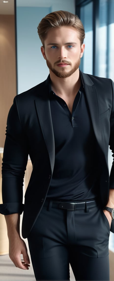 Master Piece, 25 yo Handsom man, athletic body shape, wearing black shirt, black jacket, black pant, light_brown_hair, small beard, ice blue eyes, corporate look, standing in a luxury office,more detail XL