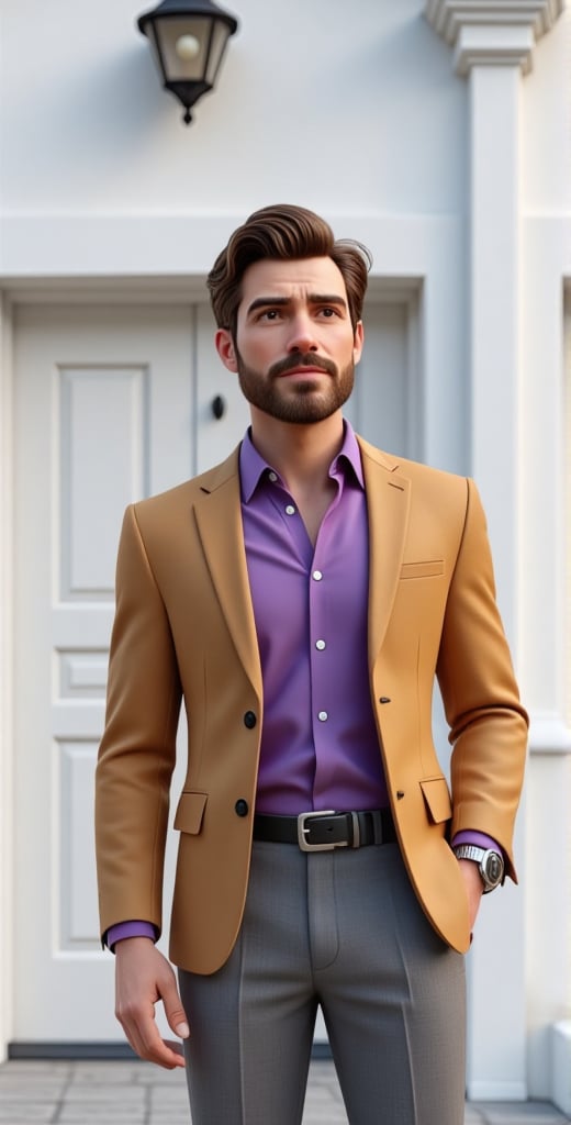 a 30 yo man stands in front of a white building. He is dressed in a tan jacket, a purple collared shirt, gray pants, and a black belt with a silver buckle. His brown hair is styled in a wavy bob, and he has a brown beard and mustache. His eyes are piercing brown and he is looking to the right side of the frame. His left hand is resting on his hip. His right hand is slightly bent at the elbow, The man's left wrist has a silver watch on it, adding a pop of color to his outfit. The backdrop is a stark white wall, with a light fixture suspended from the ceiling. A white door can be seen in the background.,3d render