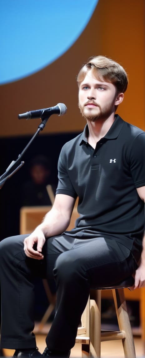 Master Piece, 25 yo Handsom man, athletic body shape, wearing black polo shirt, black pant, light_brown_hair, small beard, ice blue eyes, sitting stool, on stage in the college, artistic singer looks, playing guitar,
more detail XL