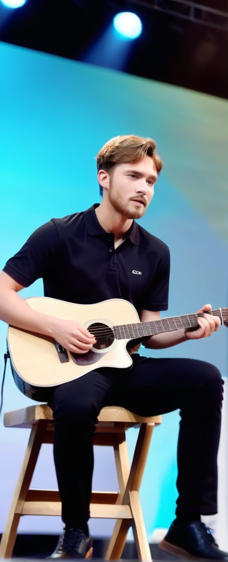 Master Piece, 25 yo Handsom man, athletic body shape, wearing black polo shirt, black pant, light_brown_hair, small beard, ice blue eyes, sitting stool, on stage in the college, artistic singer looks, playing guitar,
more detail XL