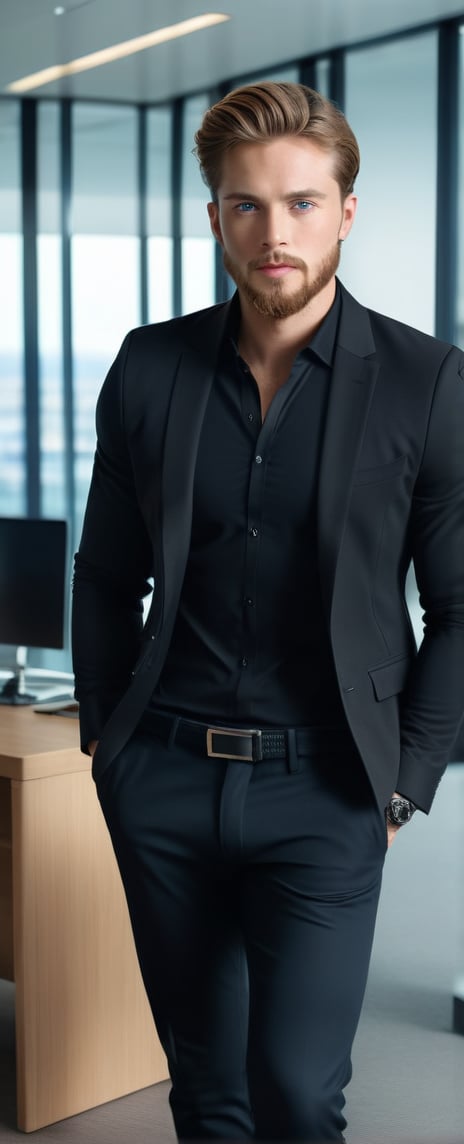 Master Piece, 25 yo Handsom man, athletic body shape, wearing black shirt, black jacket, black pant, light_brown_hair, small beard, ice blue eyes, corporate look, standing in a luxury office,more detail XL