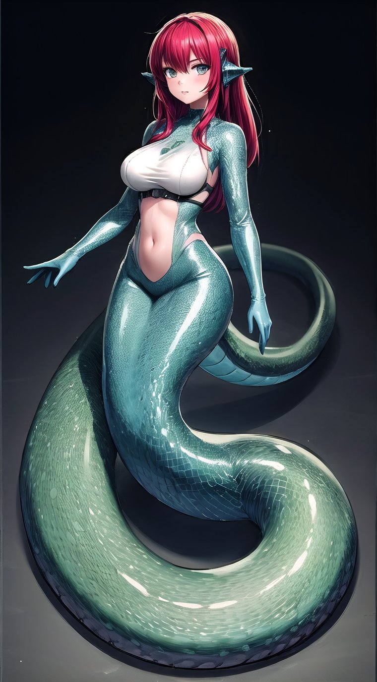 1girl,lamia, red hair, medium breasts, medium fit body,  detailed scales, full body, 