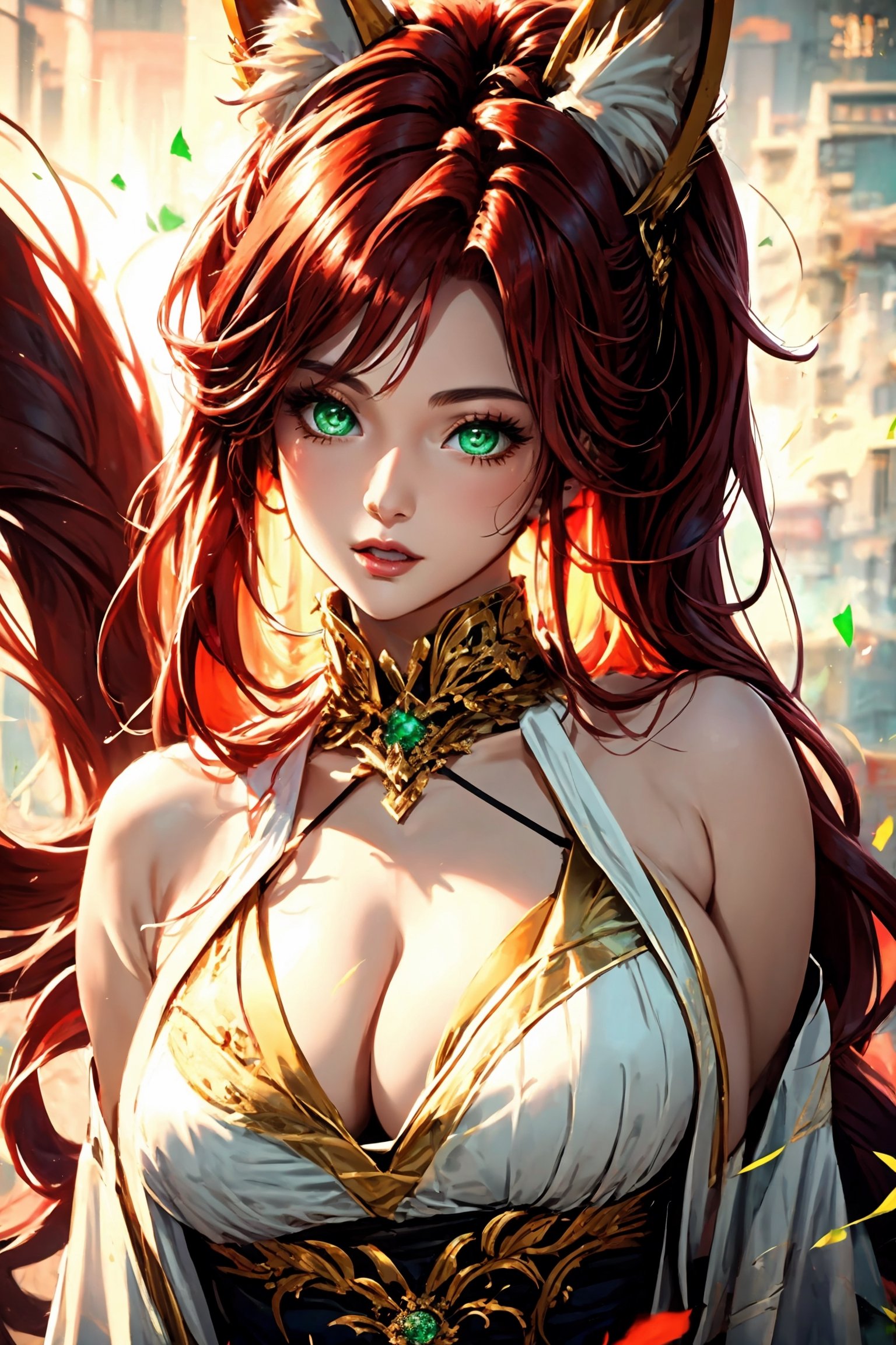 1 fox girl, fox tail, red hair, mid-length hair, fit curvy body, medium breasts, cleavage, beutiful detailed green eyes, senary, semi-realistic