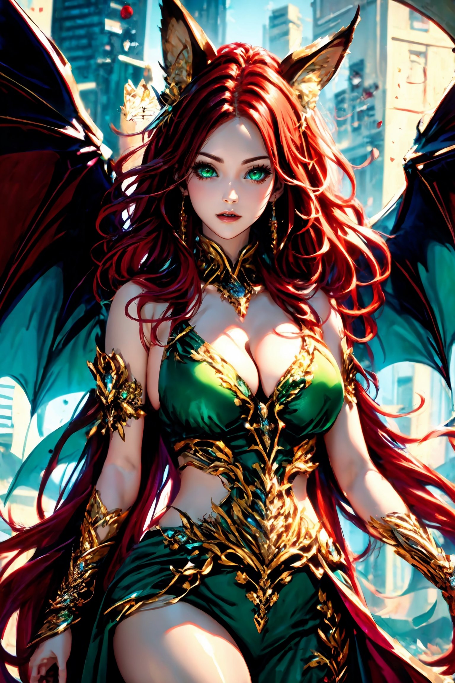 1 fox girl, fox tail, red hair, mid-length hair, fit curvy body, medium breasts, cleavage, beutiful detailed green eyes, senary, devil wings, semi-realistic