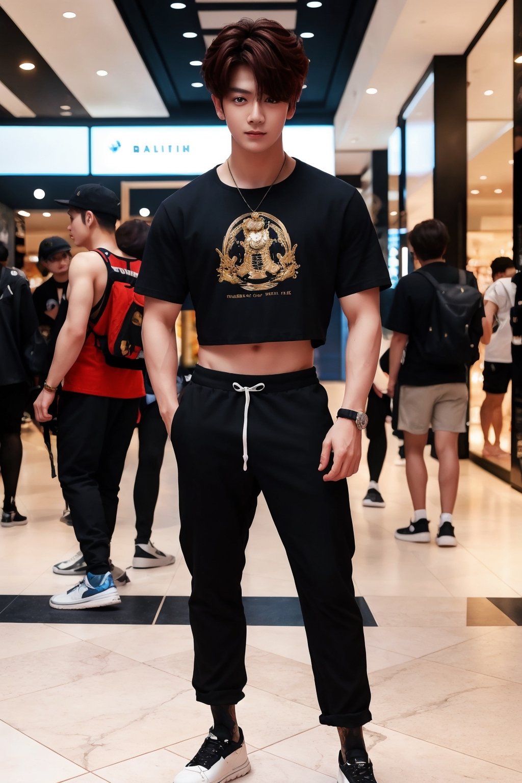 Medium full body shot ,masterpiece, best illustration, detailed 8K,male focus,hair between eyes, masterpiece, (best quality:1.3),best illustration,extremely detailed 8K wallpaper, 1boy, anime, , crop top, bad boy, slime, at the mall, crazy, sexy pose,Thai Idol